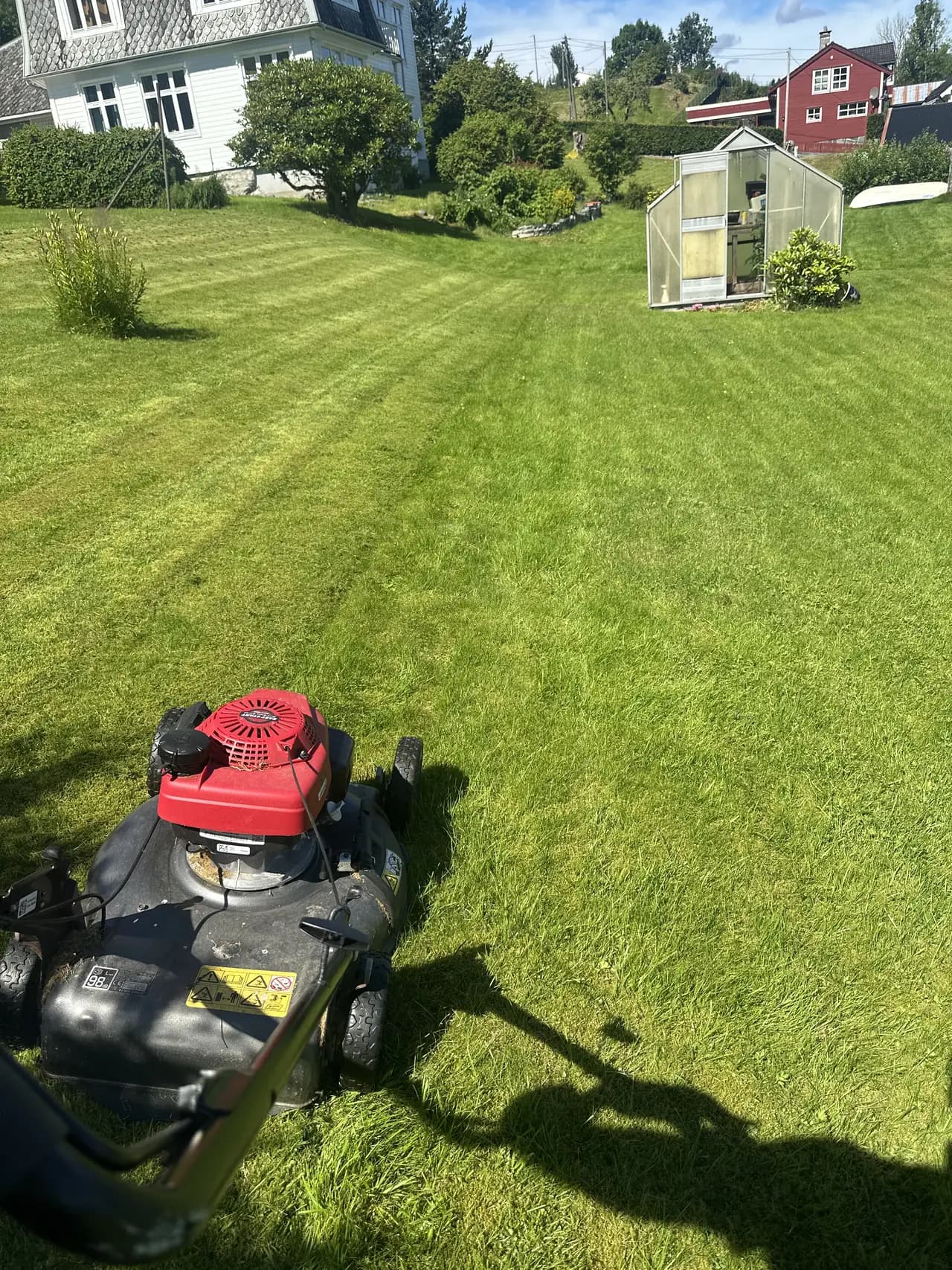 Hagearbeid i Bergen: plenklipp på stor hage med jevne striper i gresset